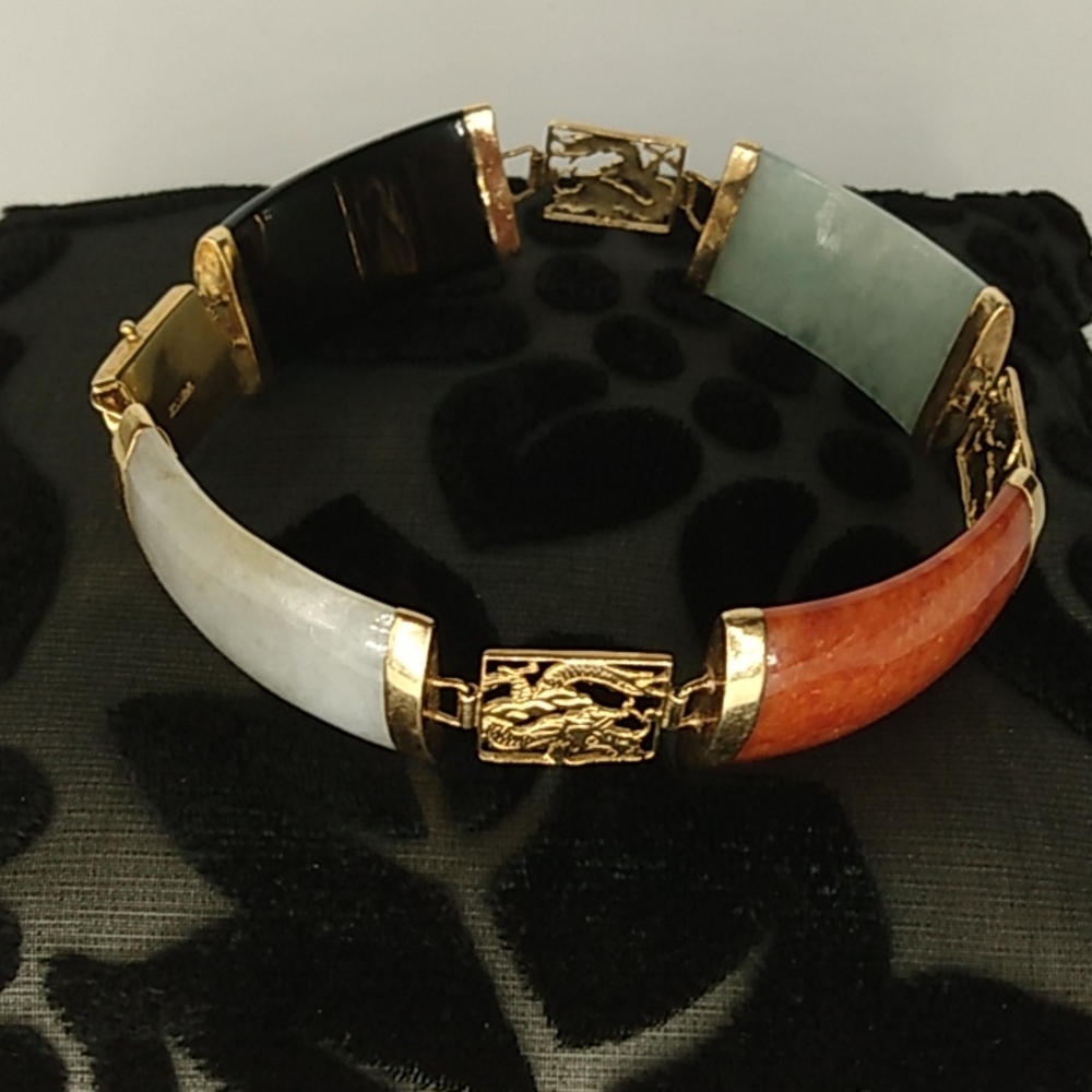 14 KT GOLD Bracelet Solid and JADE Multi-Color Flex Links  Estate Size Medium